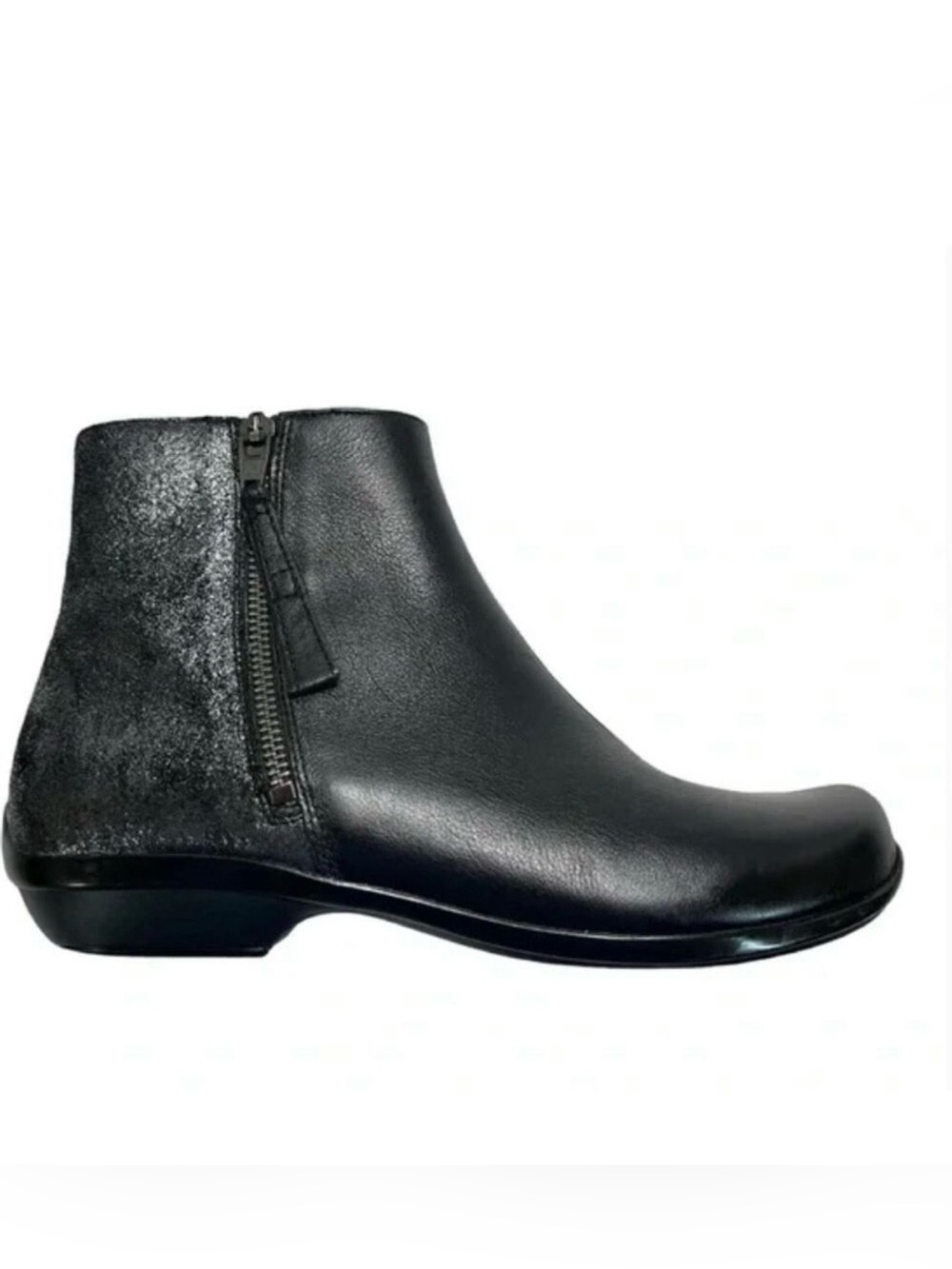 Dansko Otis Nappa Black Leather Side-Zip Ankle Booties with side glitter leather